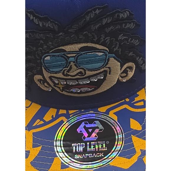 Top‎ Level Happy Snapback Hat Blue Yellow Sparkly Grill Hip Hop Baseball Cap NWT - Picture 9 of 13